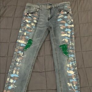 SHEIN Gray and Green Skinny Jeans with Distressed Holographic Details